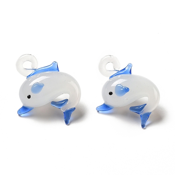 

PandaHall Handmade Lampwork Pendants, Dolphin Charms, Cornflower Blue, 30~31x24~25x13.5~16mm, Hole: 2~2.5mm Lampwork Dolphin