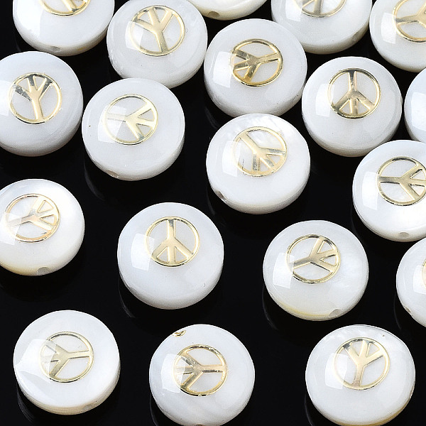

PandaHall Freshwater Shell Beads, Golden Metal Enlaced, Flat Round with Peace Sign, White, 8.5x3.5~5mm, Hole: 0.8mm Freshwater Shell Flat...