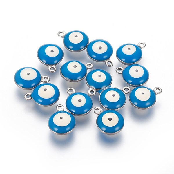 

PandaHall 304 Stainless Steel Enamel Charms, Flat Round with Evil Eye, Stainless Steel Color, Deep Sky Blue, 8.5x6x3.5mm, Hole: 1.2mm...