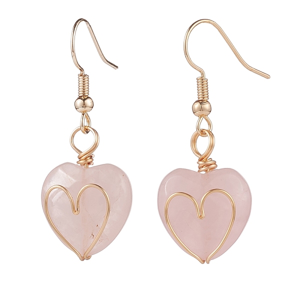 

PandaHall Natural Rose Quartz Heart Dangle Earrings, Gold Plated Brass Wire Wrap Jewelry for Women, 38mm, Pin: 0.7mm Rose Quartz