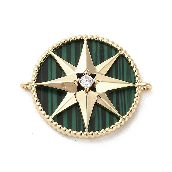 

PandaHall Synthetic Malachite Connector Charms, Brass Pave Clear Cubic Zirconia Flat Round Links with Star, Real 18K Gold Plated...