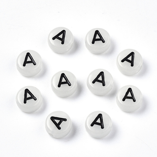 

PandaHall Acrylic Beads, with Enamel and Luminous, Horizontal Hole, Flat Round with Black Letter, Glow in the Dark, Light Grey, Letter.A...