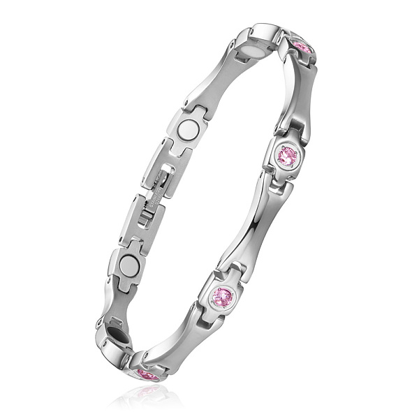 

PandaHall SHEGRACE Stainless Steel Panther Chain Watch Band Bracelets, with Rhinestone and Watch Band Clasps, Stainless Steel Color, Light..., Pink