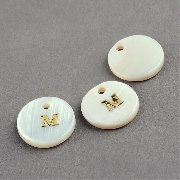 

PandaHall Freshwater Shell Pendants, Flat Round with Gold Blocking Letter.M, 11.5x2mm, Hole: 1.5mm Freshwater Shell Letter M