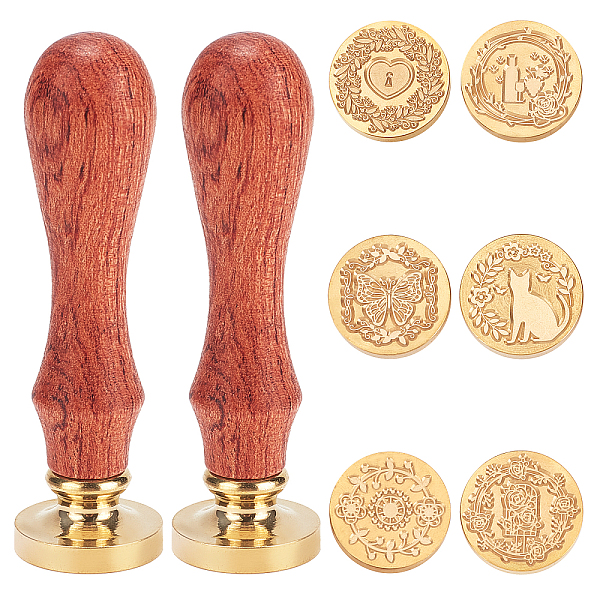 

PandaHall SUPERDANT DIY Scrapbook, Including Pear Wood Handle, Wax Seal Brass Stamp Head, Mixed Patterns, Brass Stamp Head: 6pcs Brass Brown