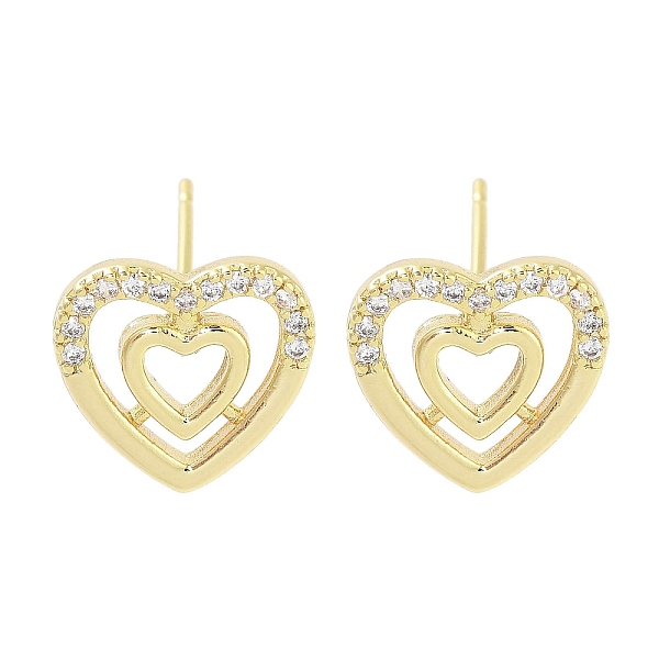 

PandaHall Brass Micro Pave Clear Cubic Zirconia Studs Earring for Women, Heart, Real 18K Gold Plated, 12x12mm Brass Heart Clear