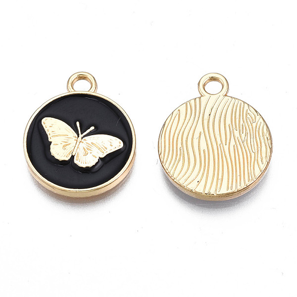 

PandaHall Alloy Enamel Pendants, Cadmium Free & Nickel Free & Lead Free, Light Gold, Flat Round with Butterfly, Black, 18x15x2mm, Hole: 2mm...