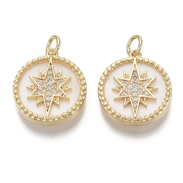 

PandaHall Brass Micro Pave Cubic Zirconia Pendants, with Freshwater Shell and Jump Ring, Flat Round with Star, Nickel Free, Real 18K Gold..., Clear