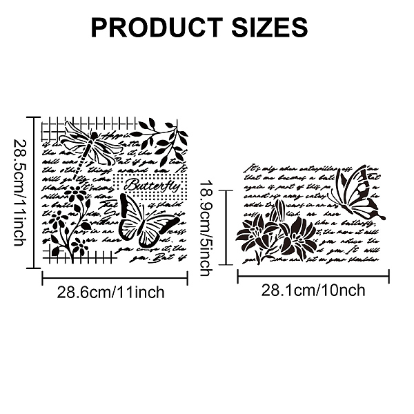 Mayjoydiy 2 個大型トンボ蝶スクリプトステンシルテンプレート 11.8 × 11.8/11.7 × 8.3 インチヴィンテージライティングワード背景ステンシル装飾ユリの花ステンシルペイントブラシ付きアートクラフト家の装飾