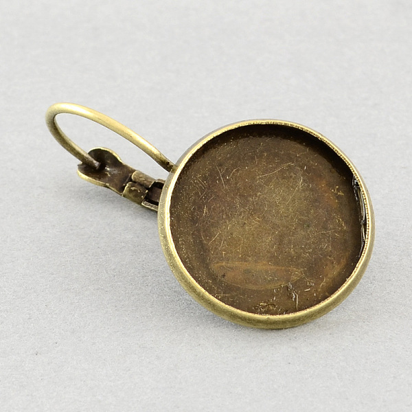 

PandaHall Brass Leverback Earring Findings, with Flat Round Tray, Antique Bronze, Tray: 8mm, 22x11mm, pin: 0.7mm Brass