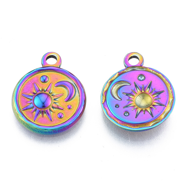 

PandaHall Ion Plating(IP) 201 Stainless Steel Pendants, Flat Round with Sun & Moon, Rainbow Color, 19x15.5x2.5mm, Hole: 2mm 201 Stainless...