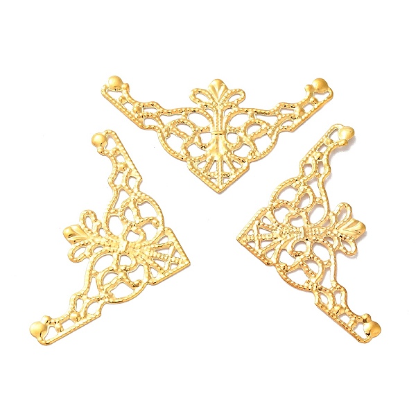 

PandaHall Iron Filigree Joiners, Etched Metal Embellishments, Corner Shape with Flower, Golden, 26x48x0.5mm Iron Flower
