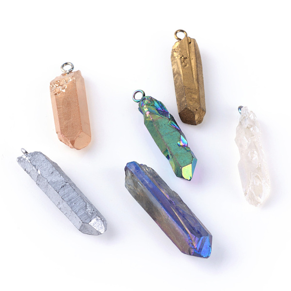 

PandaHall Electroplate Natural Quartz Pendants, Point Pendants, with Iron Wires, Mixed Metal Color, Mixed Color, 20~50x6~15x6~15mm, Hole..., Multicolor