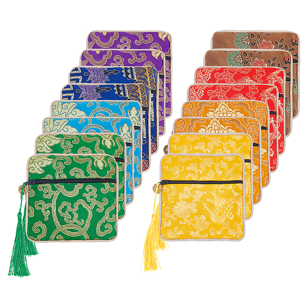 

PandaHall HOBBIESAY 16Pcs 8 Colors Chinese Brocade Tassel Zipper Jewelry Bag Gift Pouch, Square with Flower Pattern, Mixed Color..., Multicolor