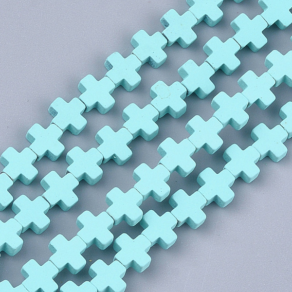 PandaHall Spray Painted Non-magnetic Synthetic Hematite Beads Strands, Cross, Cyan, 6~6.5x6~6.5x2.5mm, Hole: 0.8mm, about 66~75pcs/strand...