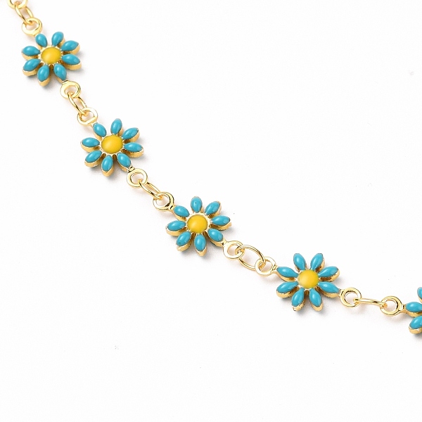

PandaHall Golden Brass Flower Enamel Links Bracelets, with Brass Curb Chains & Lobster Claw Clasps, Dark Turquoise, 7-1/4 inch(18.5cm) Brass