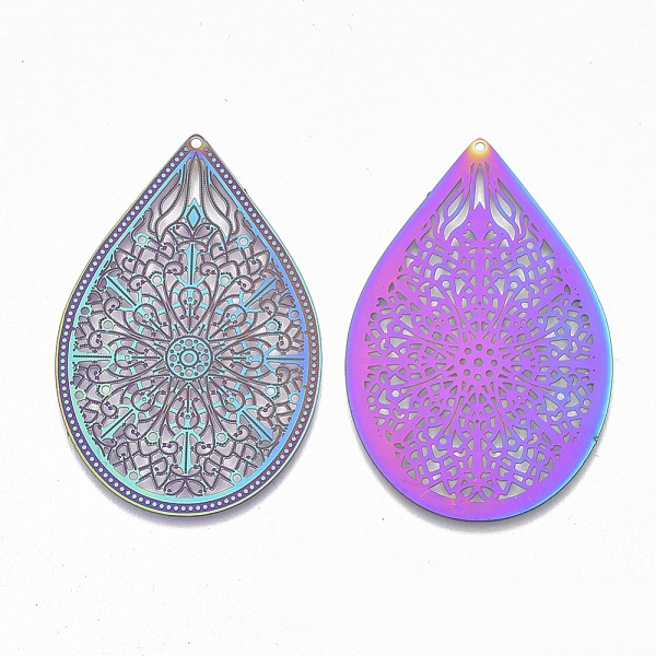 

PandaHall Ion Plating(IP) 304 Stainless Steel Filigree Pendants, for DIY Jewelry Making, Etched Metal Embellishments, Teardrop, Rainbow...