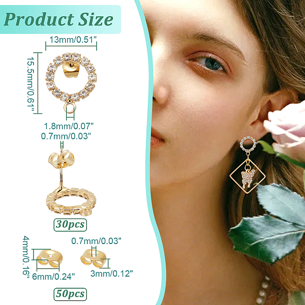 

PandaHall 30Pcs Brass Rhinestone Circle Ring Stud Earring Findings, with Horizontal Loops and 50Pcs 304 Stainless Steel Ear Nuts, Light...