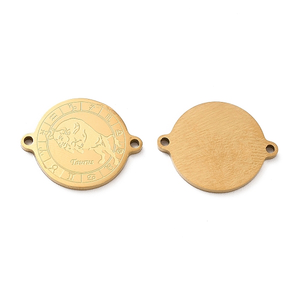 

PandaHall Ion Plating(IP) 304 Stainless Steel Connector Charms, Real 18K Gold Plated, Flat Round with Constellation, Taurus, 20x16x1mm, Hole...
