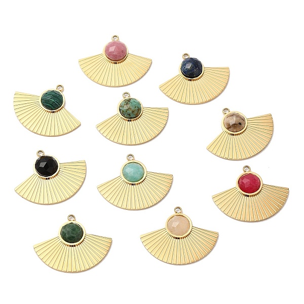 

PandaHall Ion Plating(IP) 316 Stainless Steel Pendants, Natural & Synthetic Mixed Gemstone Fan Charms, Faceted, Real 24K Gold Plated...