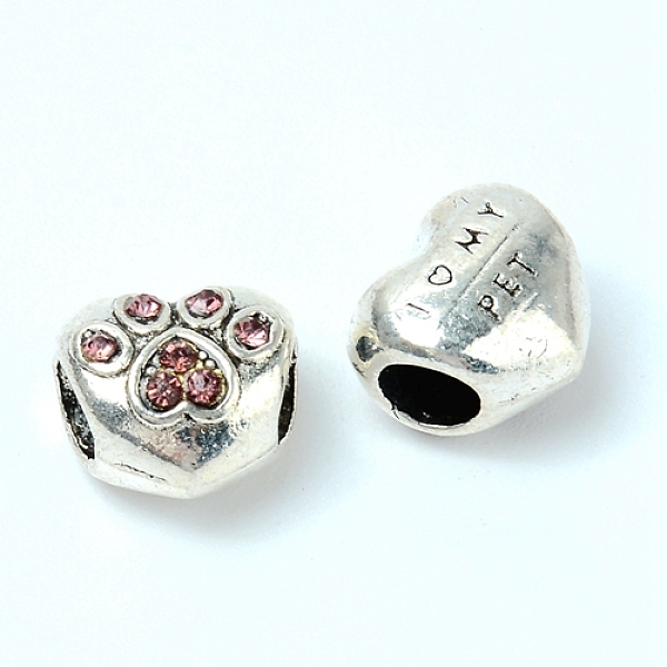 

PandaHall Zinc Alloy European Rhinestone Beads, Large Hole Beads, Heart with Paw, Antique Silver, Light Amethyst, 10x11x8.5mm, Hole: 4.5mm..., Purple