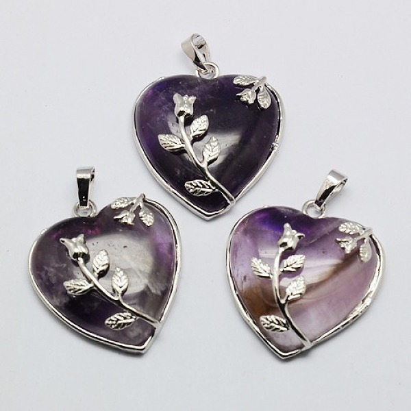 

PandaHall Heart Natural Amethyst Pendants, with Platinum Plated Brass Pendant Settings, 36x31~33mm, Hole: 6mm Amethyst Heart Purple