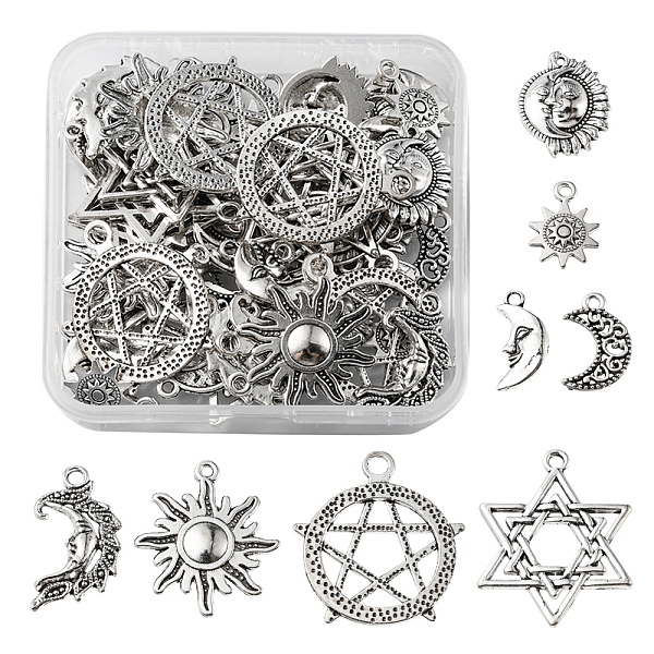 

PandaHall 48Pcs 8 Style Tibetan Style Alloy Fruit Charms, Cadmium Free & Lead Free, Star of David/Moon/Sun, Antique Silver...