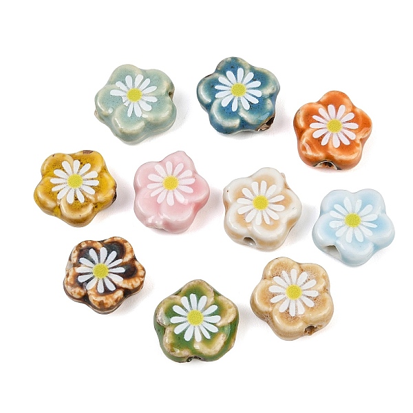 Glaze Daisy Flower Printed Porcelain Beads