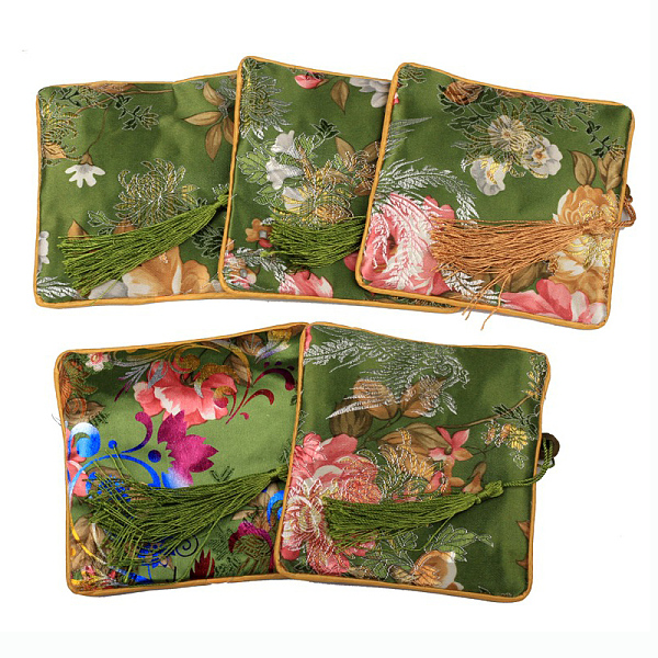 

PandaHall Retro Square Cloth Zipper Pouches, with Tassel and Flower Pattern, Dark Olive Green, 11.5x11.5cm Cloth Flower