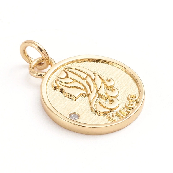 

PandaHall Brass Micro Pave Cubic Zirconia Pendants, with Jump Ring, Flat Round with Twelve Constellations, Clear, Golden, Virgo...