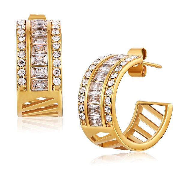 

PandaHall Cubic Zirconia C-shape Stud Earrings, Gold Plated 430 Stainless Steel Half Hoop Earrings for Women, Clear, 20x9mm, Pin: 1mm Cubic...