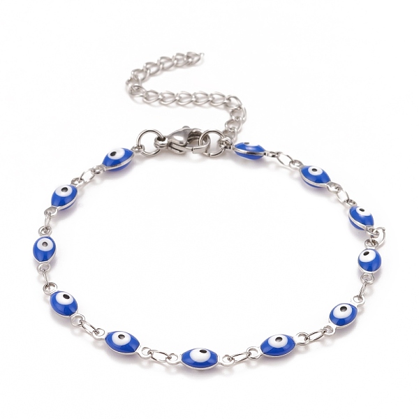 

PandaHall Enamel Horse Eye Link Chains Bracelet, 304 Stainless Steel Jewelry for Women, Stainless Steel Color, Blue, 6-3/4 inch(17.1cm) 304...