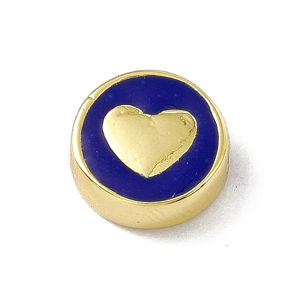 PandaHall Brass Enamel Beads, Long-Lasting Plated, Cadmium Free & Lead Free, Real 18K Gold Plated, Flat Round with Heart, Blue, 11x4.5mm...