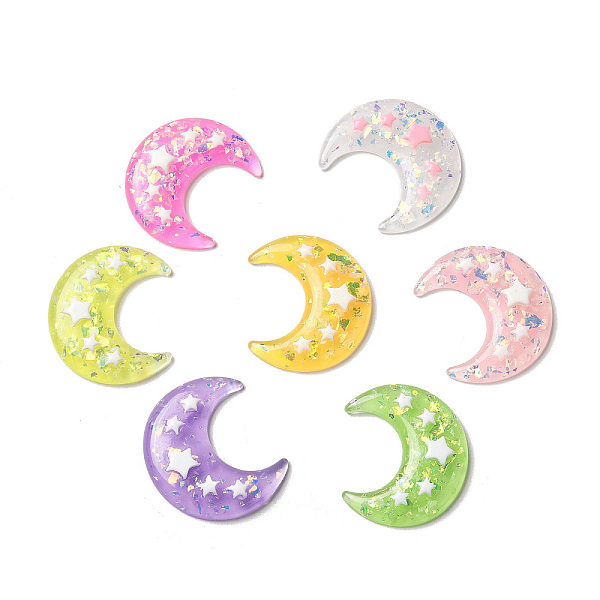 

PandaHall Translucent Resin Cabochons, Moon with Star Paillette, Mixed Color, 36x32.5x6mm Resin Moon Multicolor