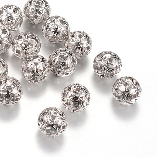 

PandaHall Brass Filigree Beads, Filigree Ball, Round, Platinum, 10mm, Hole: 1.5mm Brass Round