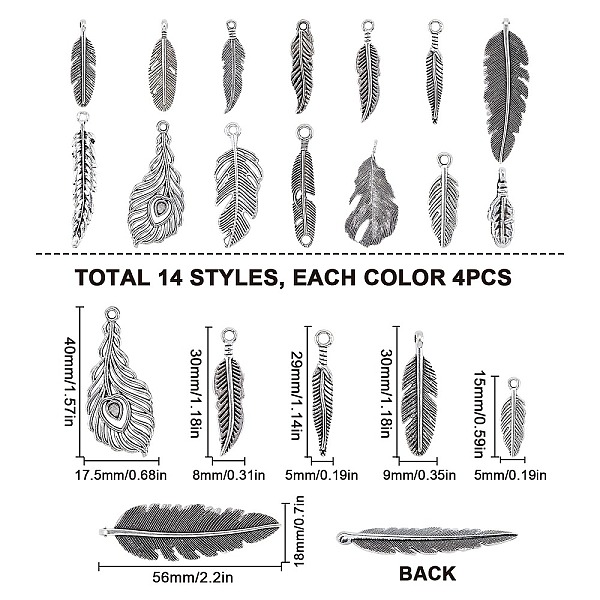 

PandaHall SUNNYCLUE Tibetan Style Alloy Pendants, Feather, Antique Silver, 17~59x7~26x1.5~5mm, Hole: 1.5~2.5mm, 56pcs/box. Alloy Feather