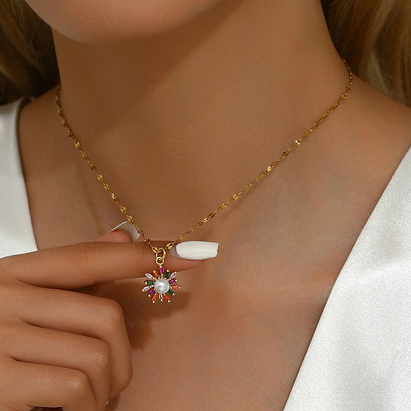 

PandaHall Brass Micro Pave Cubic Zircon Flower Pendant Necklaces for Women Brass