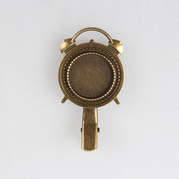 

PandaHall Antique Bronze Clock Shaped Iron Alligator Hair Clip Findings, with Flat Round Alloy Cabochon Bezel Settings, Nickel Free, 59mm...