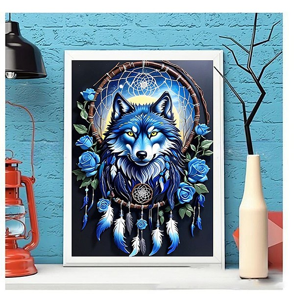 

PandaHall DIY Diamond Painting Stickers Kits For Kids, including Resin Rhinestone, Diamond Sticky Pen, Tray Plate, Glue Clay, Wolf...