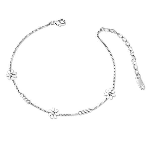 

PandaHall SHEGRACE Titanium Steel Anklets, with Box Chains and Round Beads, Daisy, Platinum, 7-7/8 inch(20cm) Titanium Steel