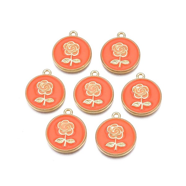

PandaHall Rack Plating Alloy Pendants, with Enamel, Cadmium Free & Lead Free, Flat Round with Rose, Light Gold, Dark Orange, 20.5x18x2mm...