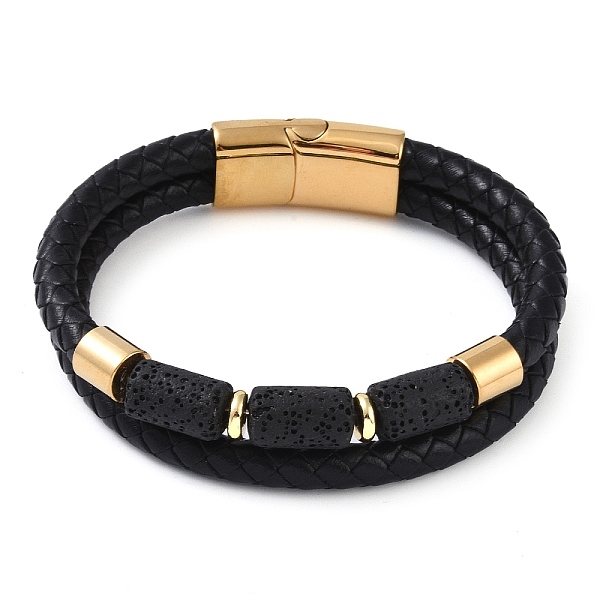 

PandaHall Natural Lava Rock Bead Leather Cord Multi-strand Bracelets, with Ion Plating(IP) 304 Stainless Steel Magnetic Clasps, for Men..., Black