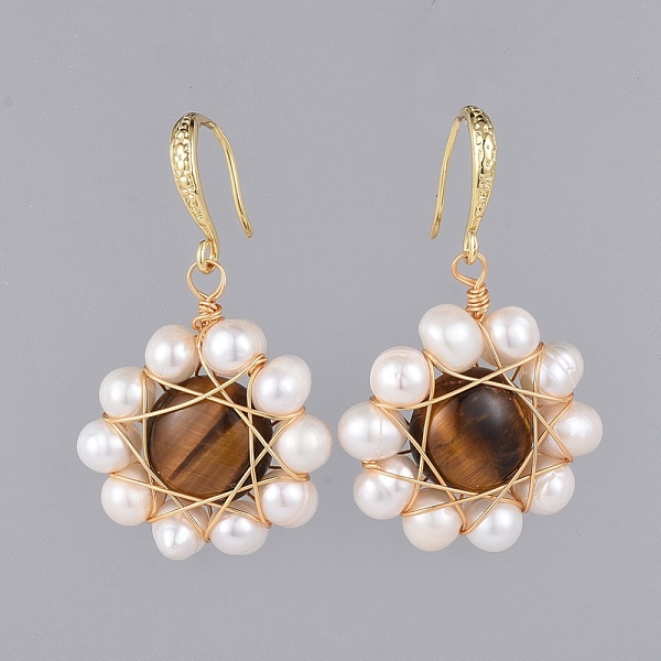 

PandaHall Dangle Earrings, with Natural Tiger Eye Cabochons, Pearl, Copper Wire, Brass Earring Hooks and Cardboard Boxes, 40mm, Pin: 0.9mm...