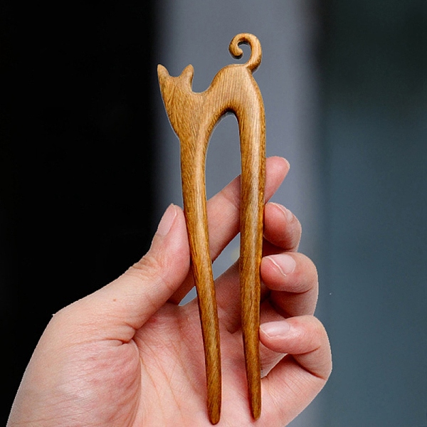 

PandaHall Chinese Style Cat Verawood Hair Forks, U Shaped Hairpin, for Women Girls , Sienna, 130mm Wood Brown
