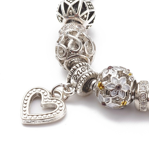 

PandaHall Alloy Enamel European Bracelets, with Brass Micro Pave Cubic Zirconia Beads, Heart, Antique Silver & Platinum, 8-1/8 inch(20.7cm)..., White