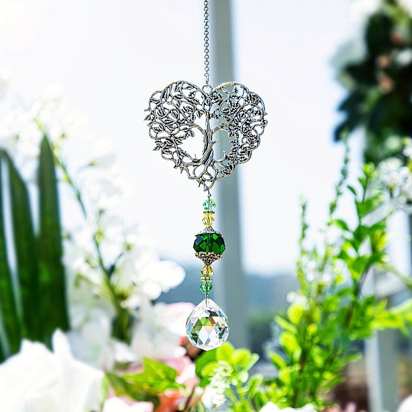 

PandaHall Alloy Heart with Tree of Life Pendant Decorations, Hanging Suncatchers, with Glass Teardrop Charm, Dark Green, 350mm Alloy Heart