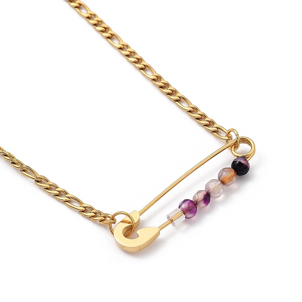 

PandaHall 201 Stainless Steel Safety Pins Pendant Necklaces, with Natural Agate Beads, 304 Stainless Steel Figaro Chains and Plastic Ear..., Purple