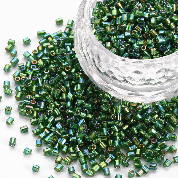 

PandaHall Glass Bugle Beads, Silver Lined Colours Rainbow, Green, 2.5~3x2mm, Hole: 0.9mm, about 15000pcs/pound Glass Green