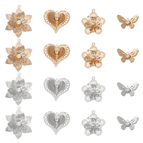 

PandaHall CHGCRAFT 16Pcs 8 Style Brass Pendants, with Crystal Rhinestone, Flower & Butterfly & Heart, Platinum & Light Gold...