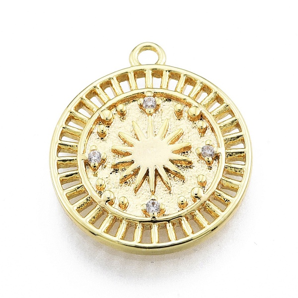 

PandaHall Ion Plating(IP) Brass Micro Pave Clear Cubic Zirconia Pendants, Flat Round with Sun, Real 18K Gold Plated, 16.5x14x1.5mm, Hole...